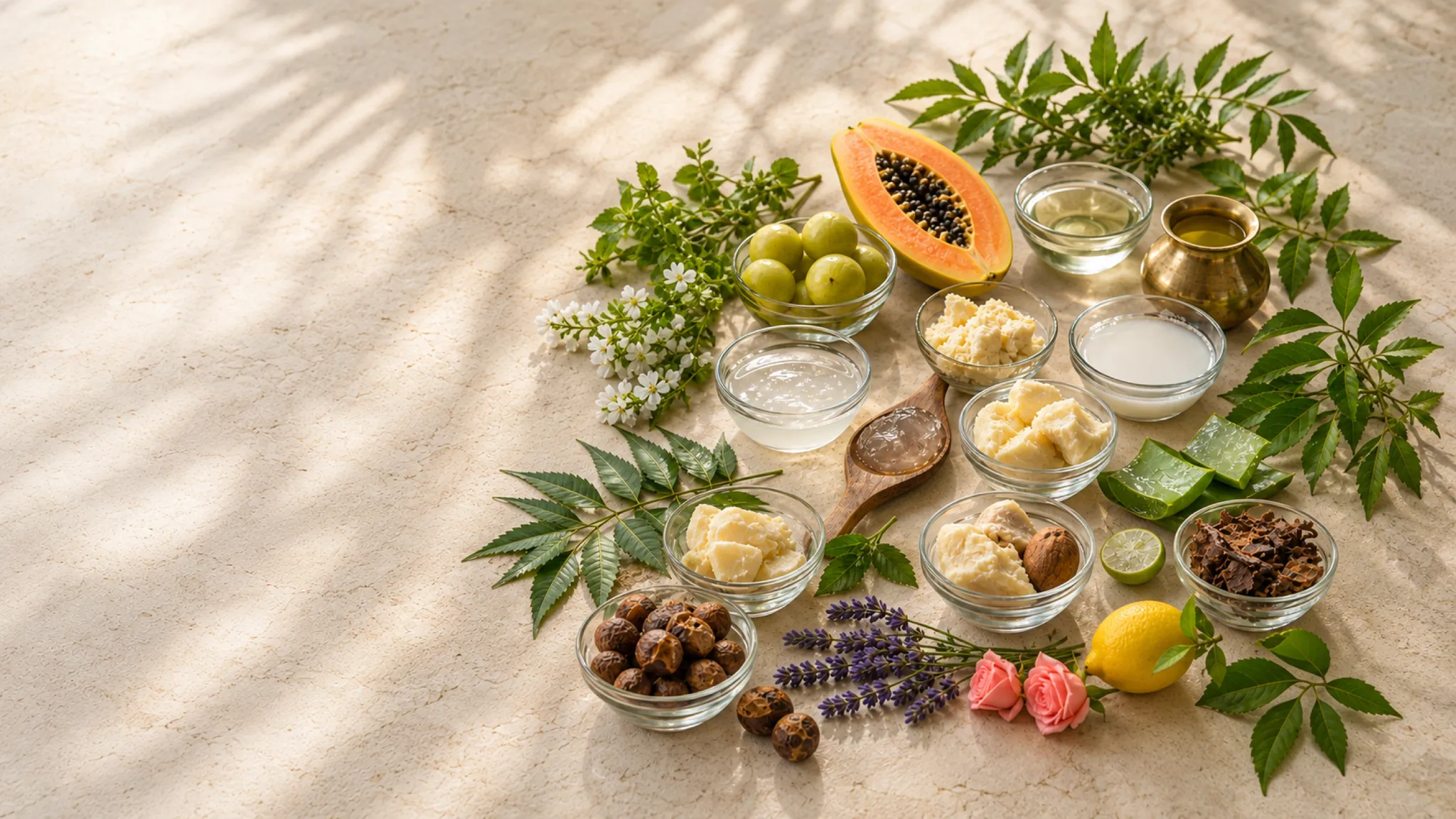 Plant butters, herbs, essential oils and natural cleansers used across the range