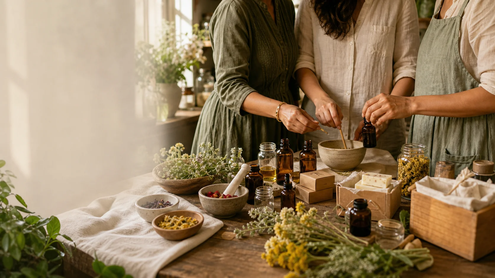 Small-batch workspace in Hyderabad — herbs, oils and soaps being made by hand