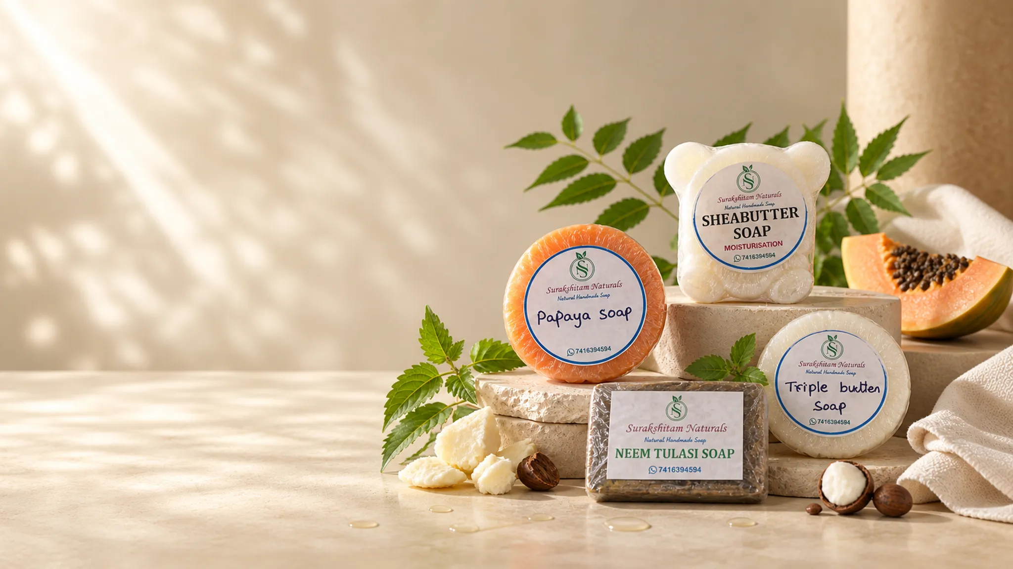 Handmade botanical soaps — papaya, shea butter, neem tulasi and triple butter